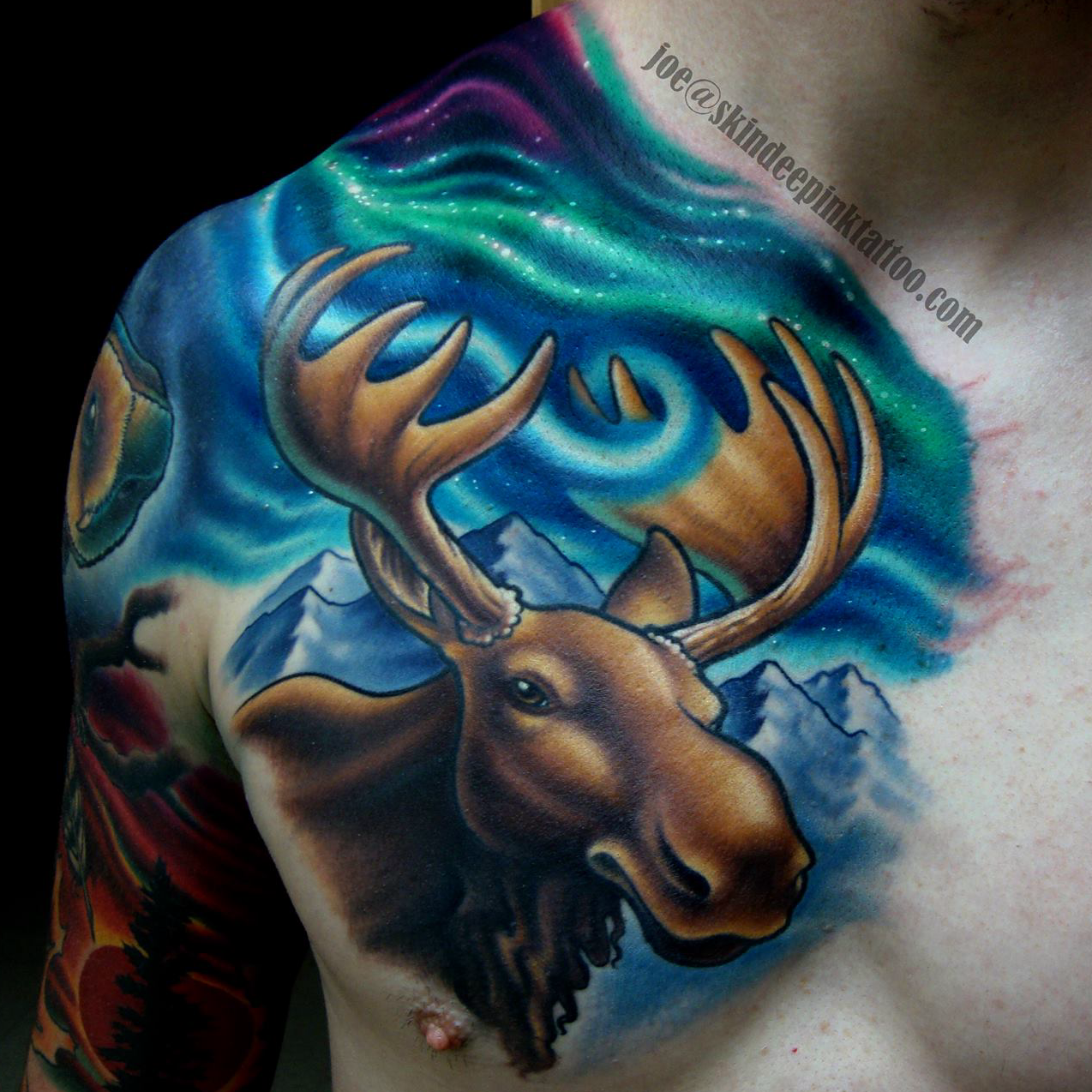 Moose and Galaxy Tattoo done by Cracker Joe Swider in CT